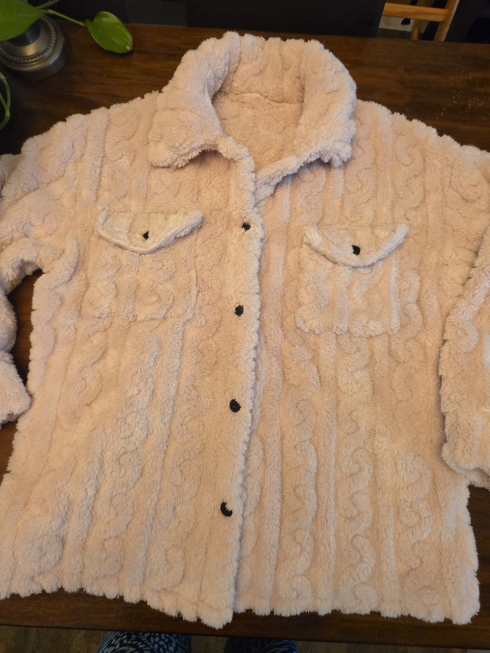 Flamingals Pink Cable-Knit Sherpa Fleece Button-Up Shacket Jacket — Size XL